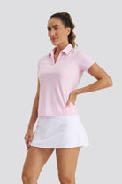 Pink womens polo shirt front side detail