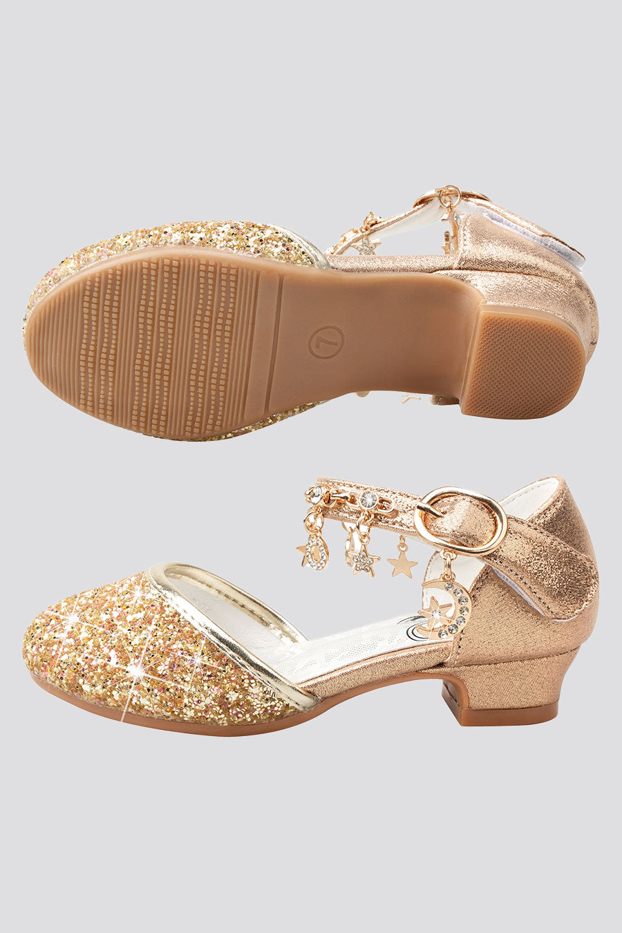 Gold sparkly mary jane shoes side view