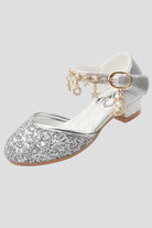 Silver sparkly mary jane shoes side view 