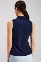 Blue womens polo shirt back view 