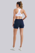 Back view of navy running shorts