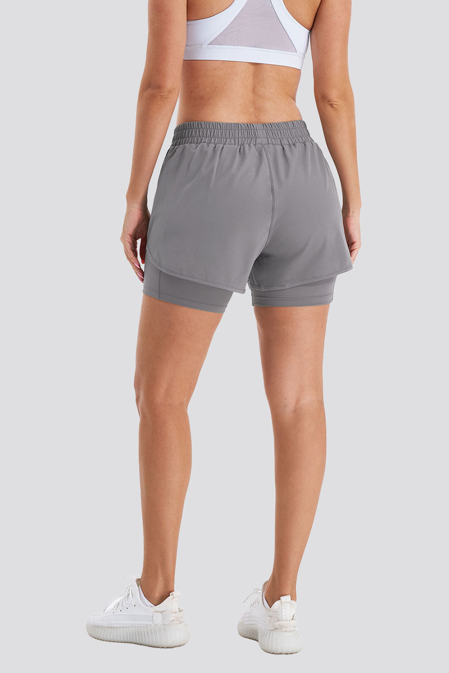 Back view of grey running shorts