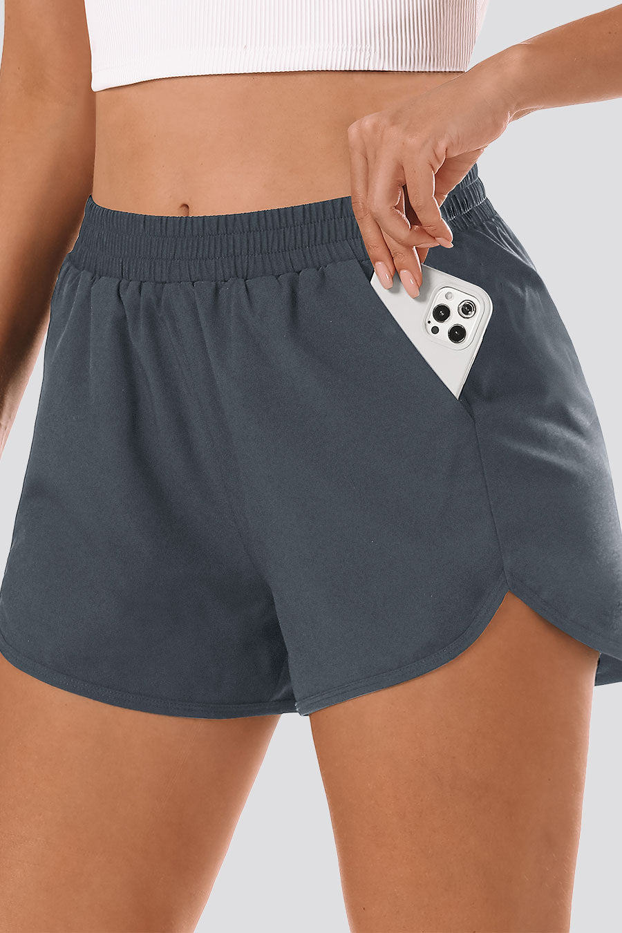 Grey women running shorts pockets