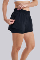 Close up of black 2 in 1 shorts