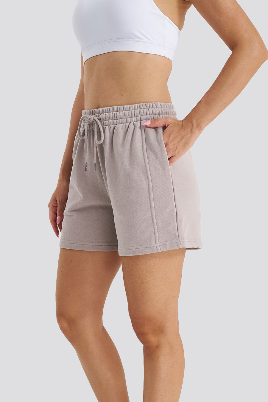 Side view Grey Khaki running shorts women