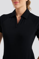 Black womens polo shirt front view detail