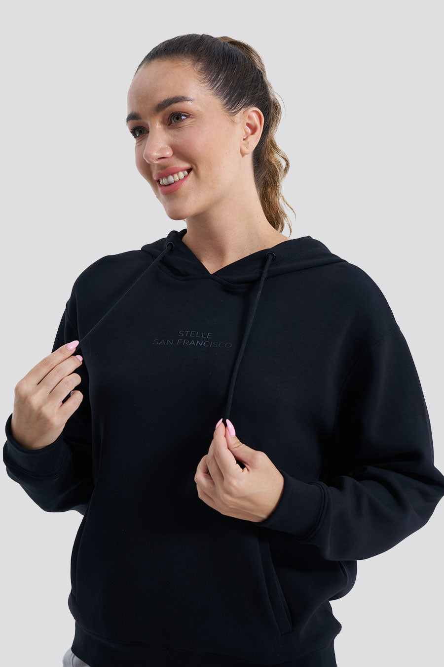 black athletic hoodie front view detail