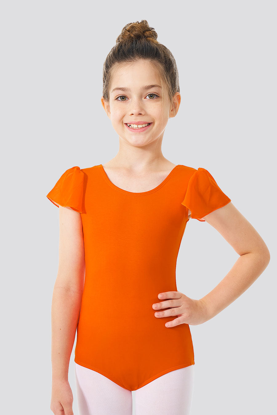 girls orange leotard front view 