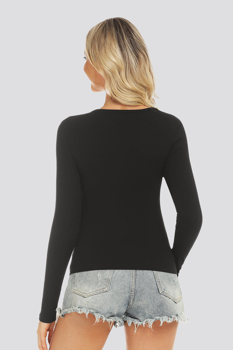 black long sleeve henley shirt back view 