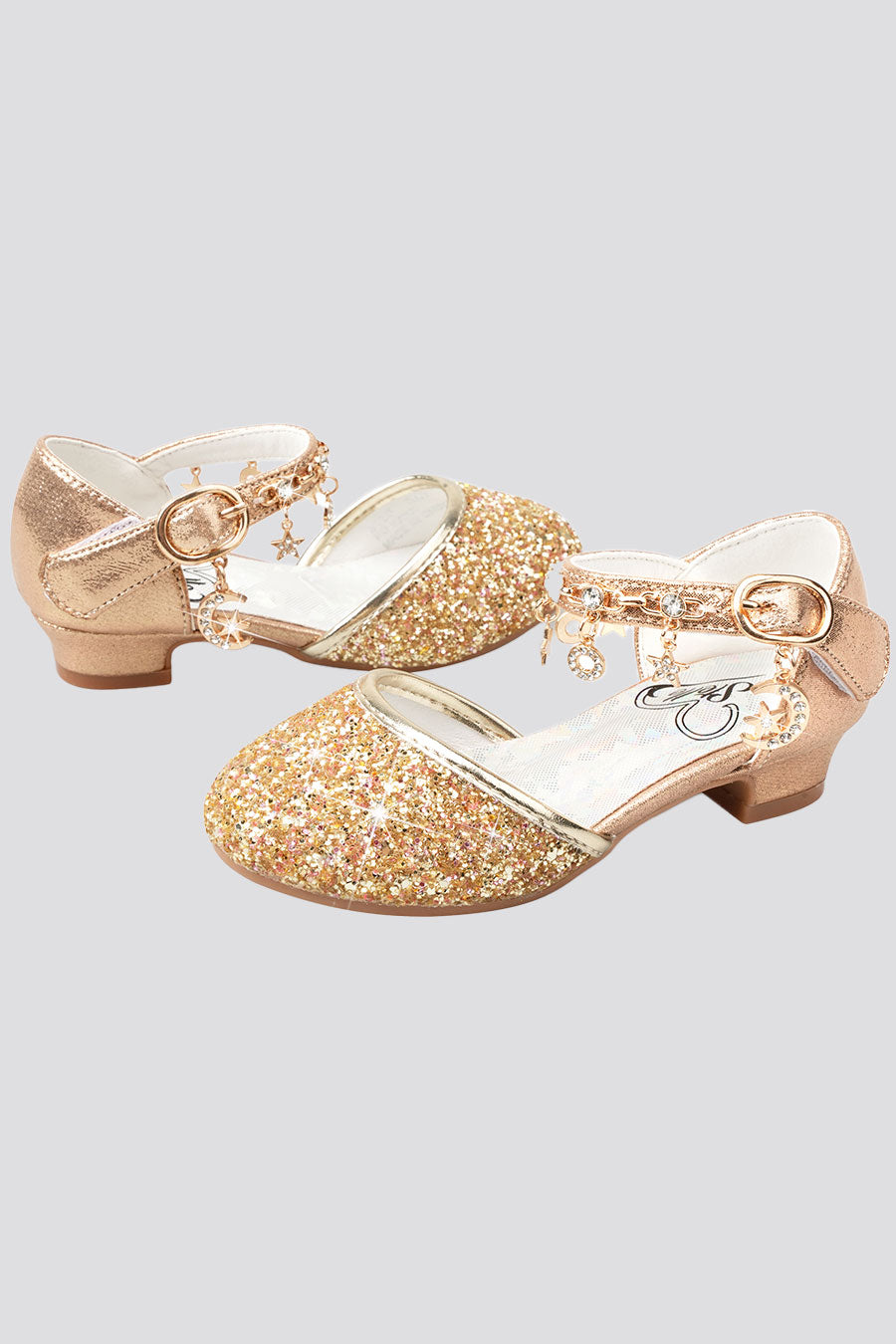 Gold sparkly mary jane shoes side view