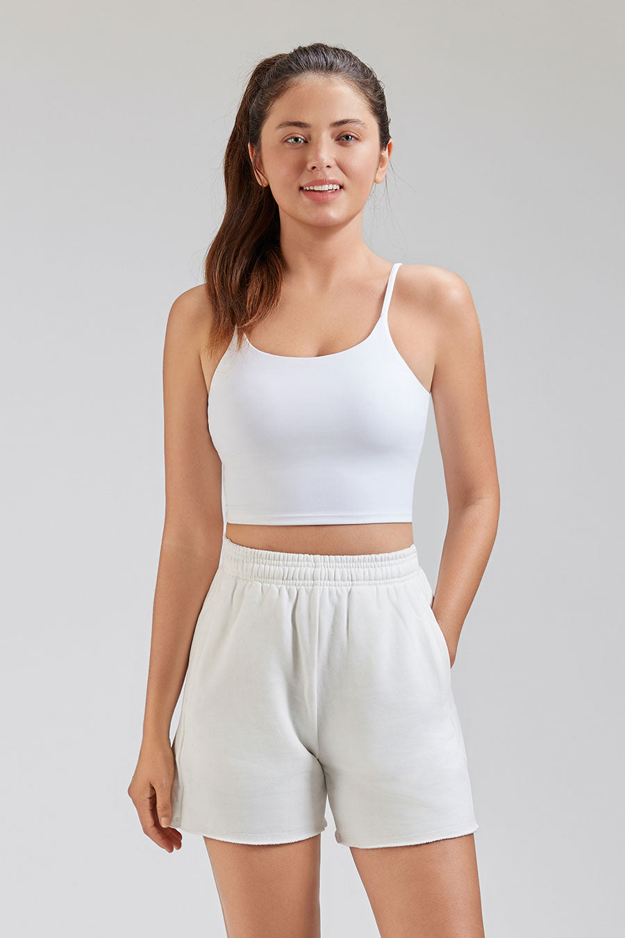 Full-body white comfy shorts for women