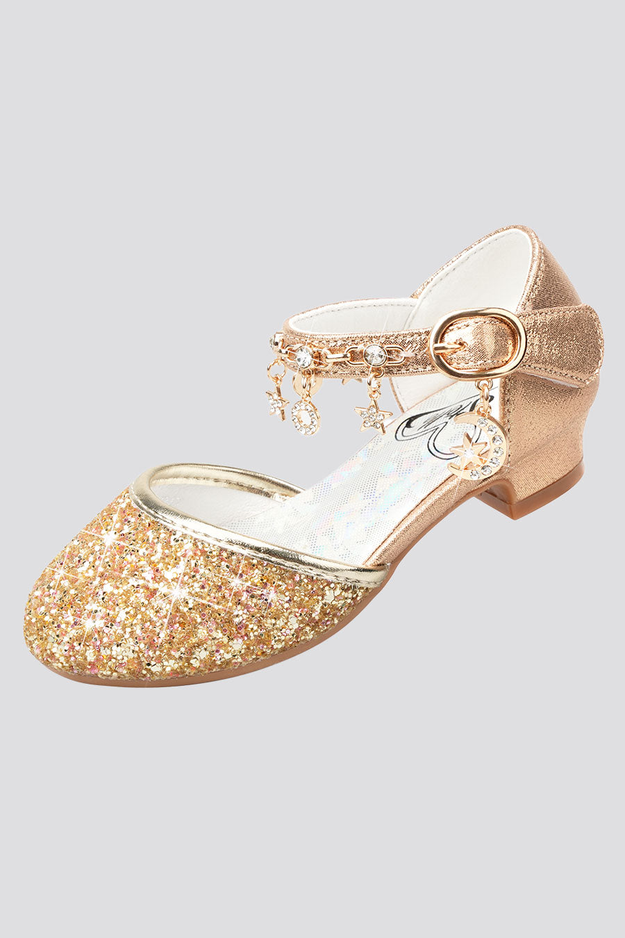 Gold sparkly mary jane shoes back front detail