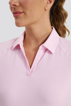 Pink womens polo shirt front side detail