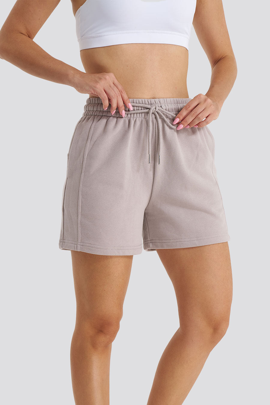 Outfit detail Grey Khaki running shorts women