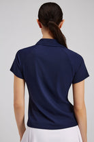 Blue womens polo shirt back view