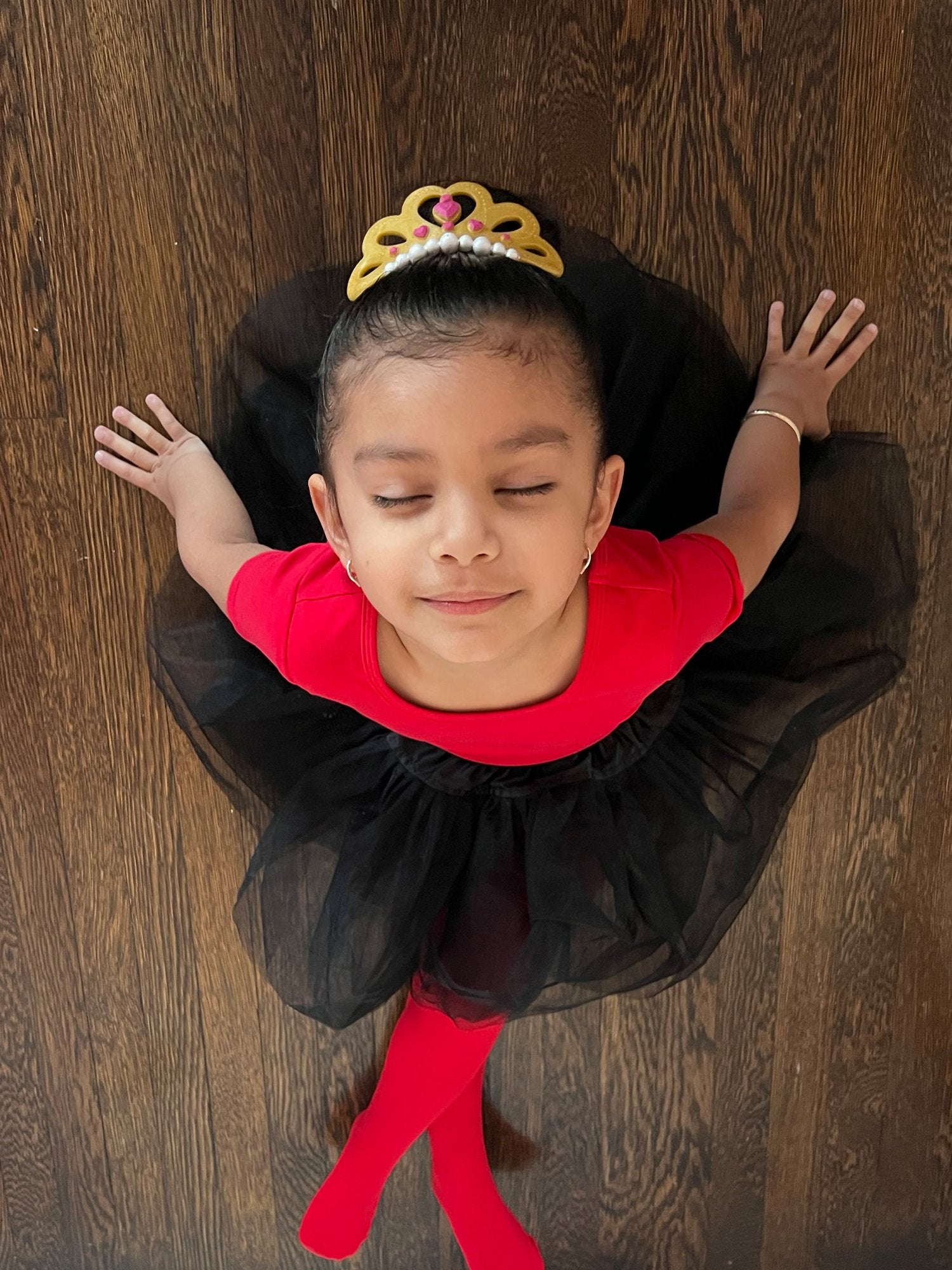 Overhead shot red leotard toddler