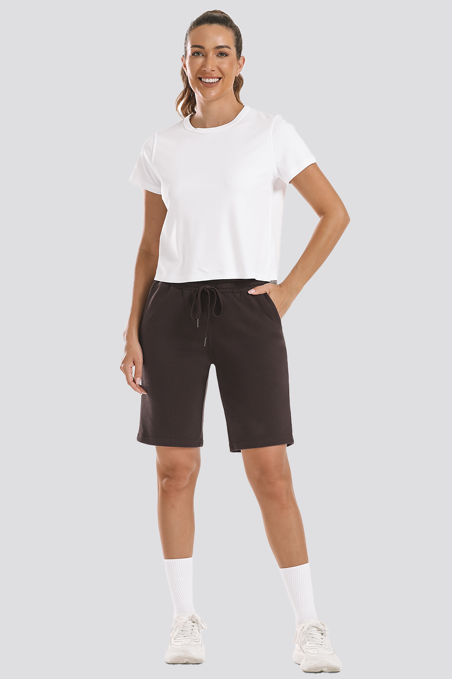 Coffee cotton shorts women front view