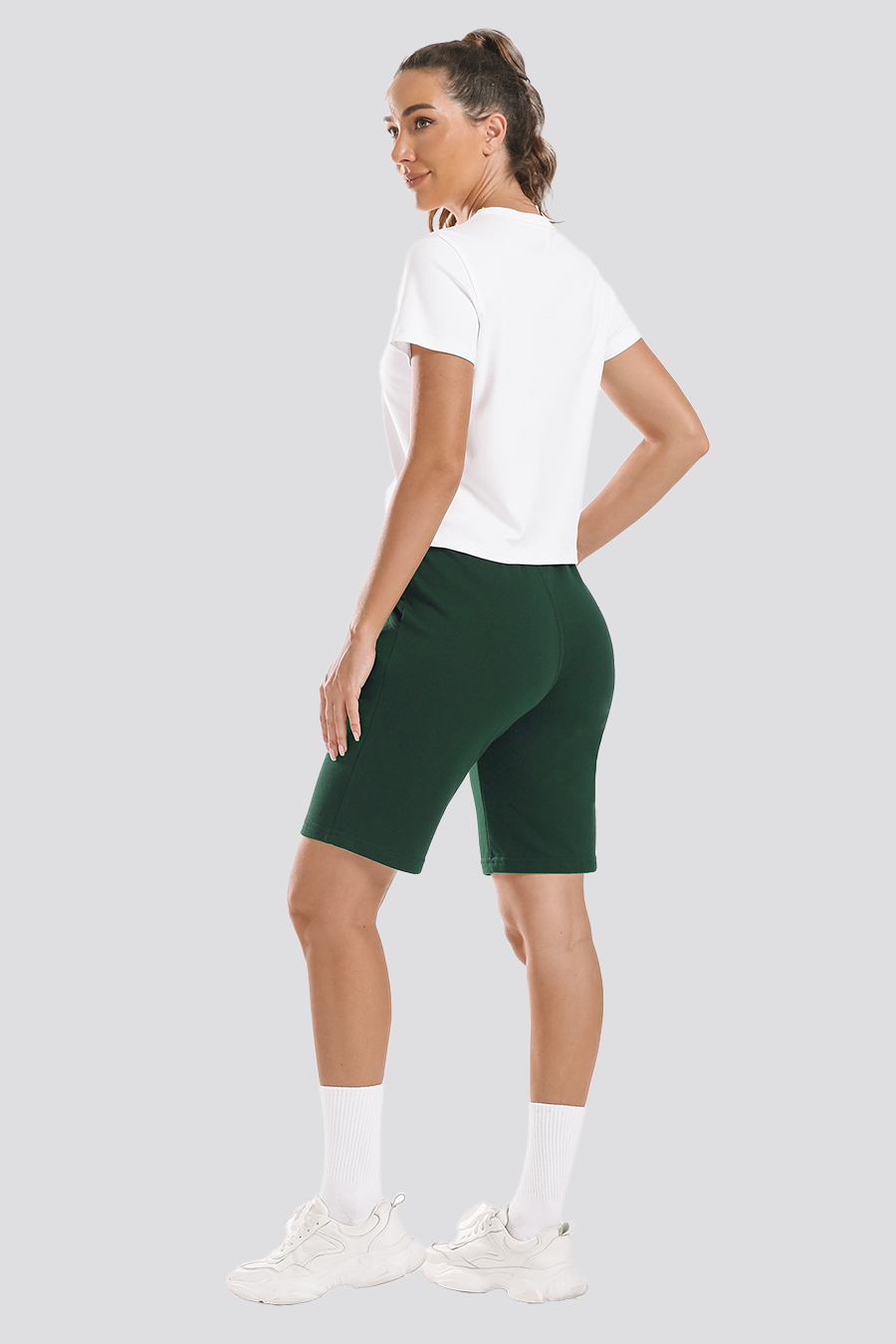 Green cotton shorts women back view 