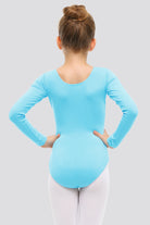 blue long sleeve leotard back view