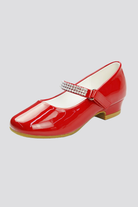 Red mary jane shoes for girls side view details