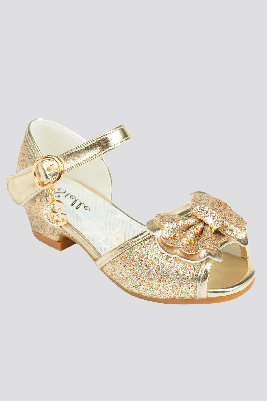 Gold low heel sandals side view detail