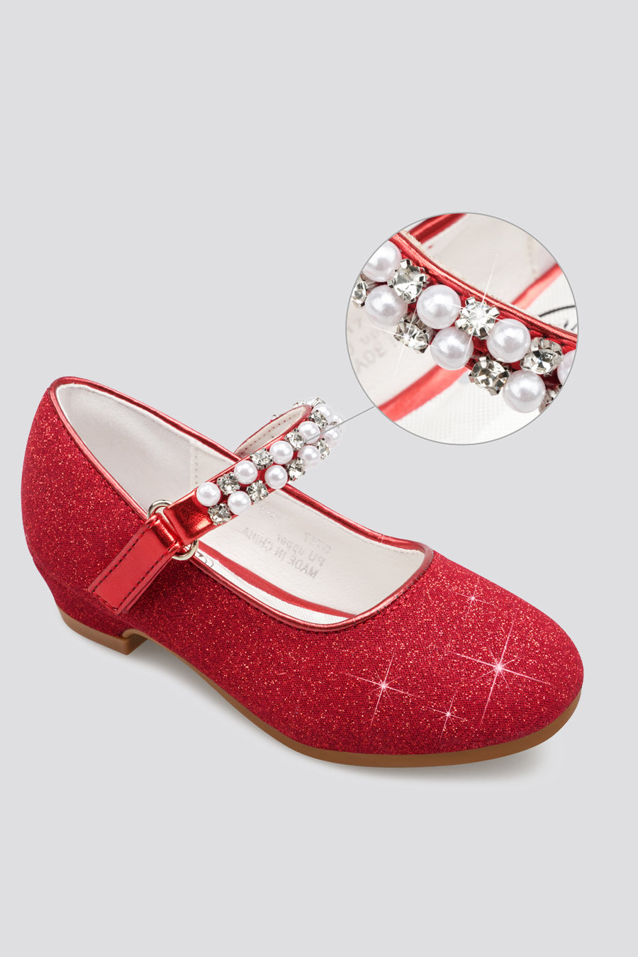 Red mary jane shoes for girls side view  detail straps