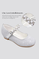 Silver mary jane shoes for girls side view details