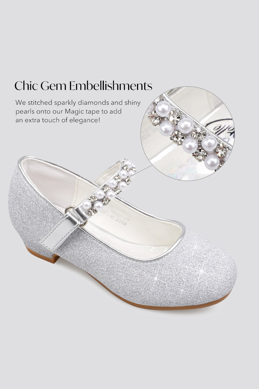 Silver mary jane shoes for girls side view details