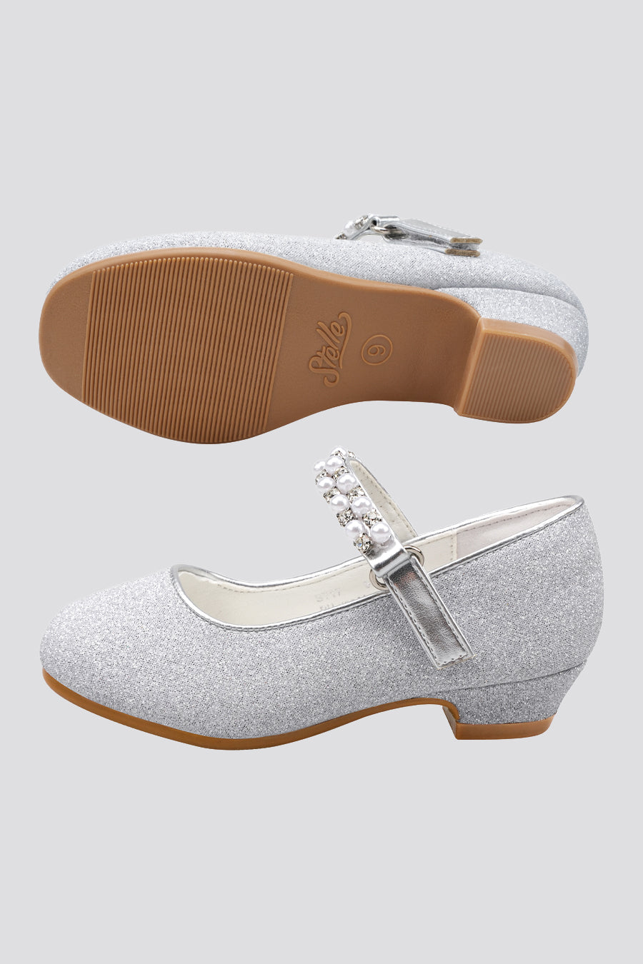 Silver mary jane shoes for girls side view details