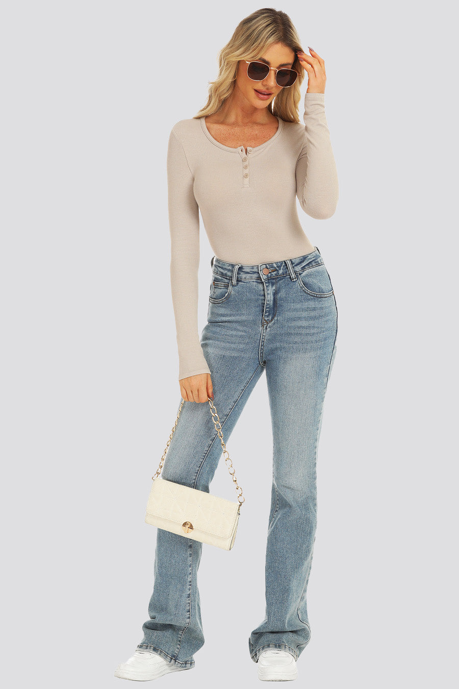 Desert Beige long sleeve henley shirt full-body view