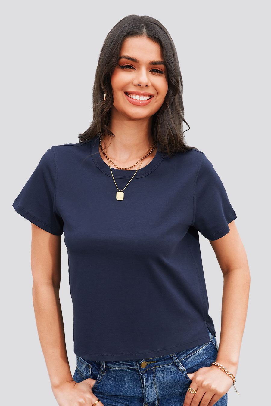 Navy cotton t-shirts front view 