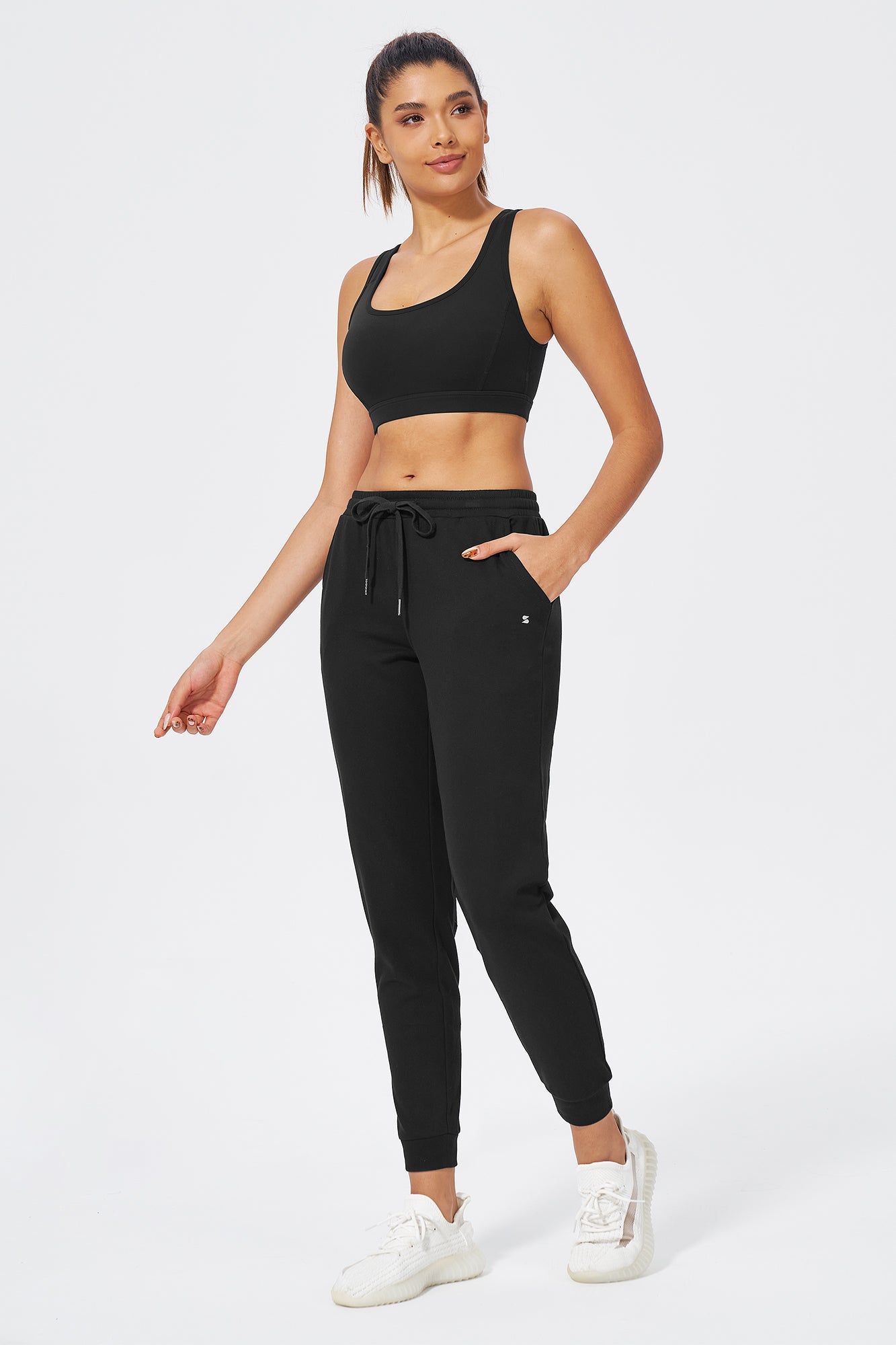 Black cotton joggers for women front view