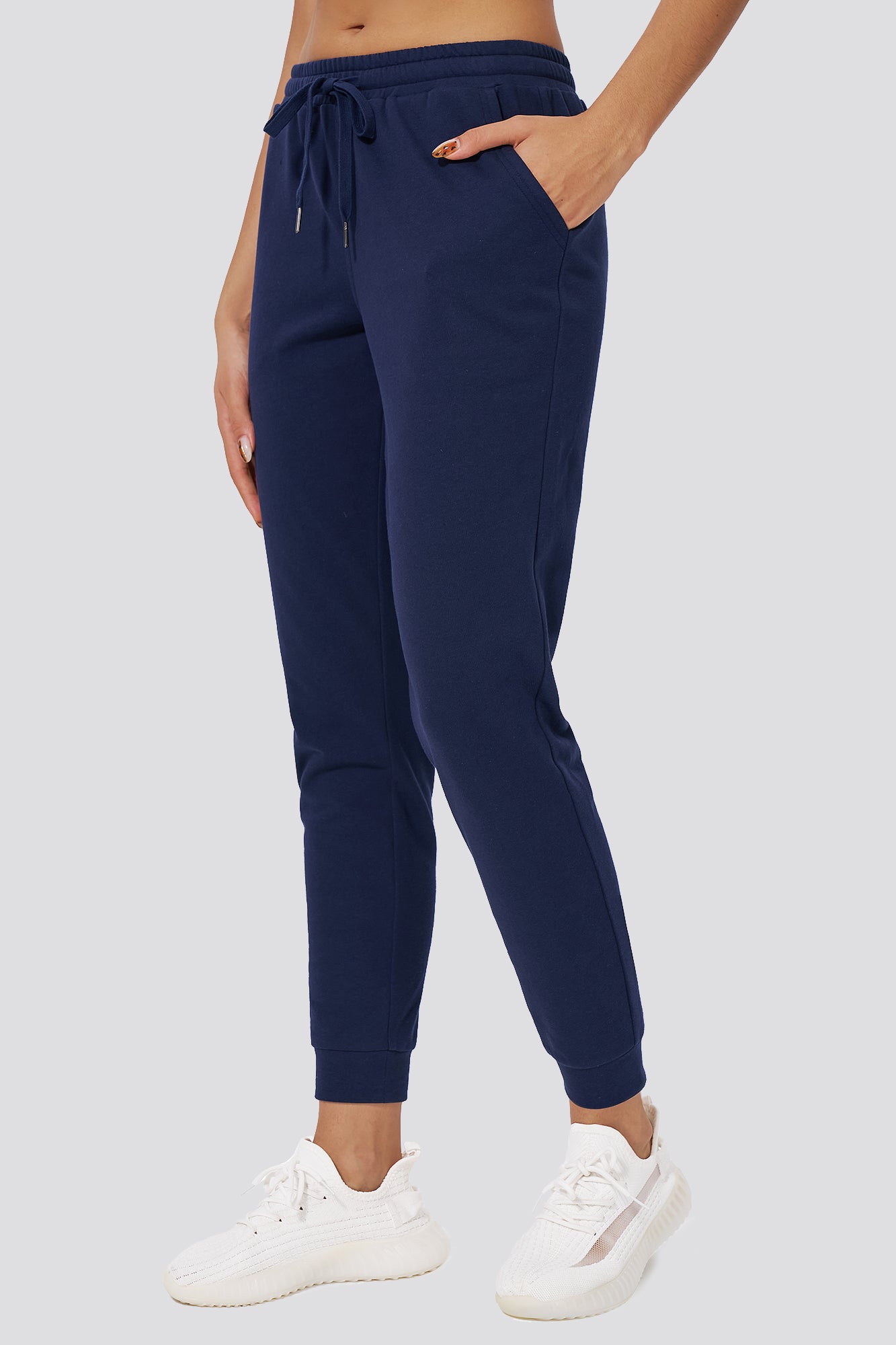 Navy cotton joggers for women side view