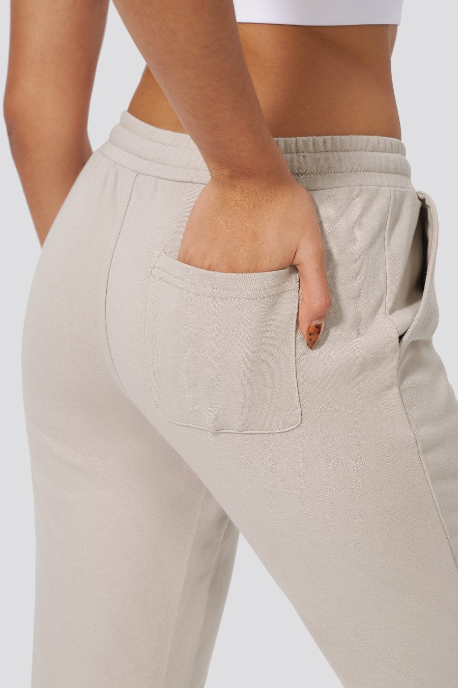 Oat Milk cotton joggers for women pocket detail