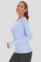 Blue thumbhole shirts side view