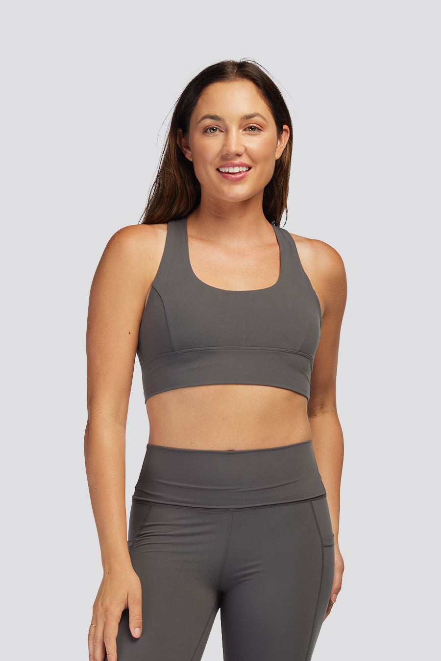 criss cross sports bra Charcoal front