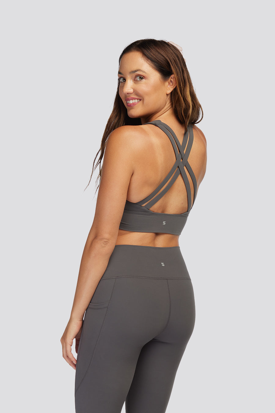 criss cross sports bra Charcoal side