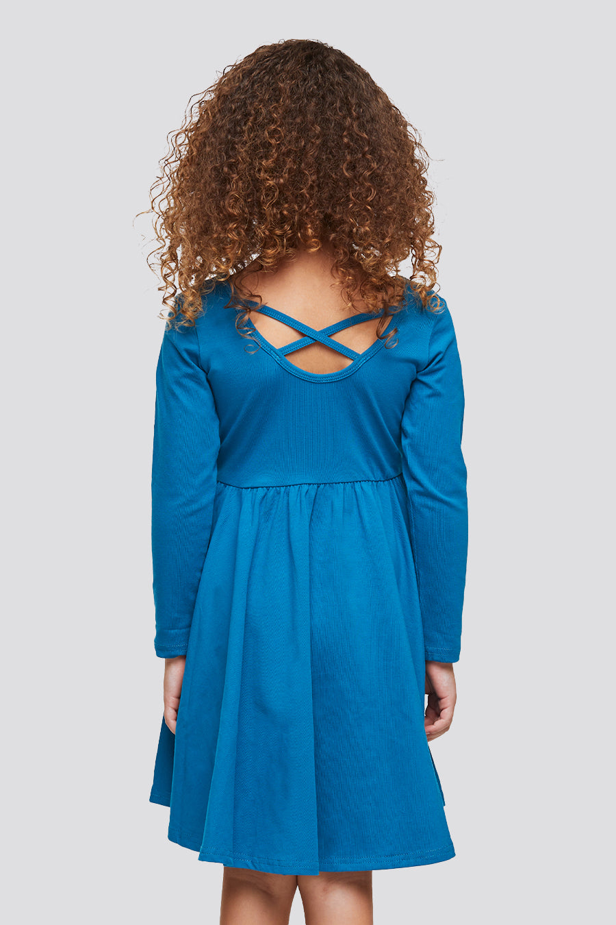 girls long sleeve dress blue back view