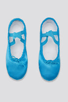 Blue kids ballet shoes overhead shot 