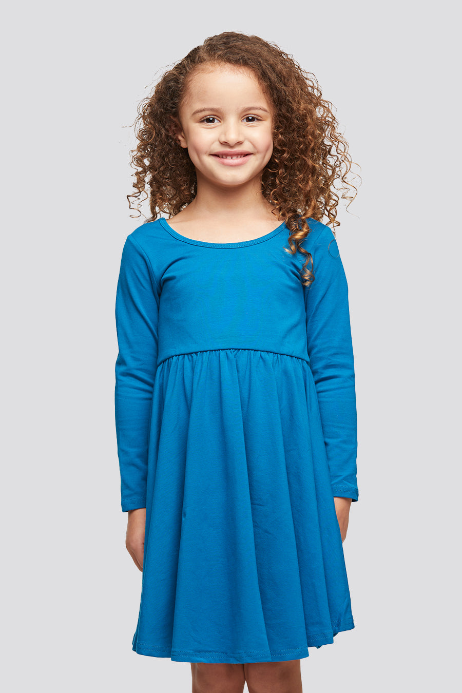 girls long sleeve dress blue front view