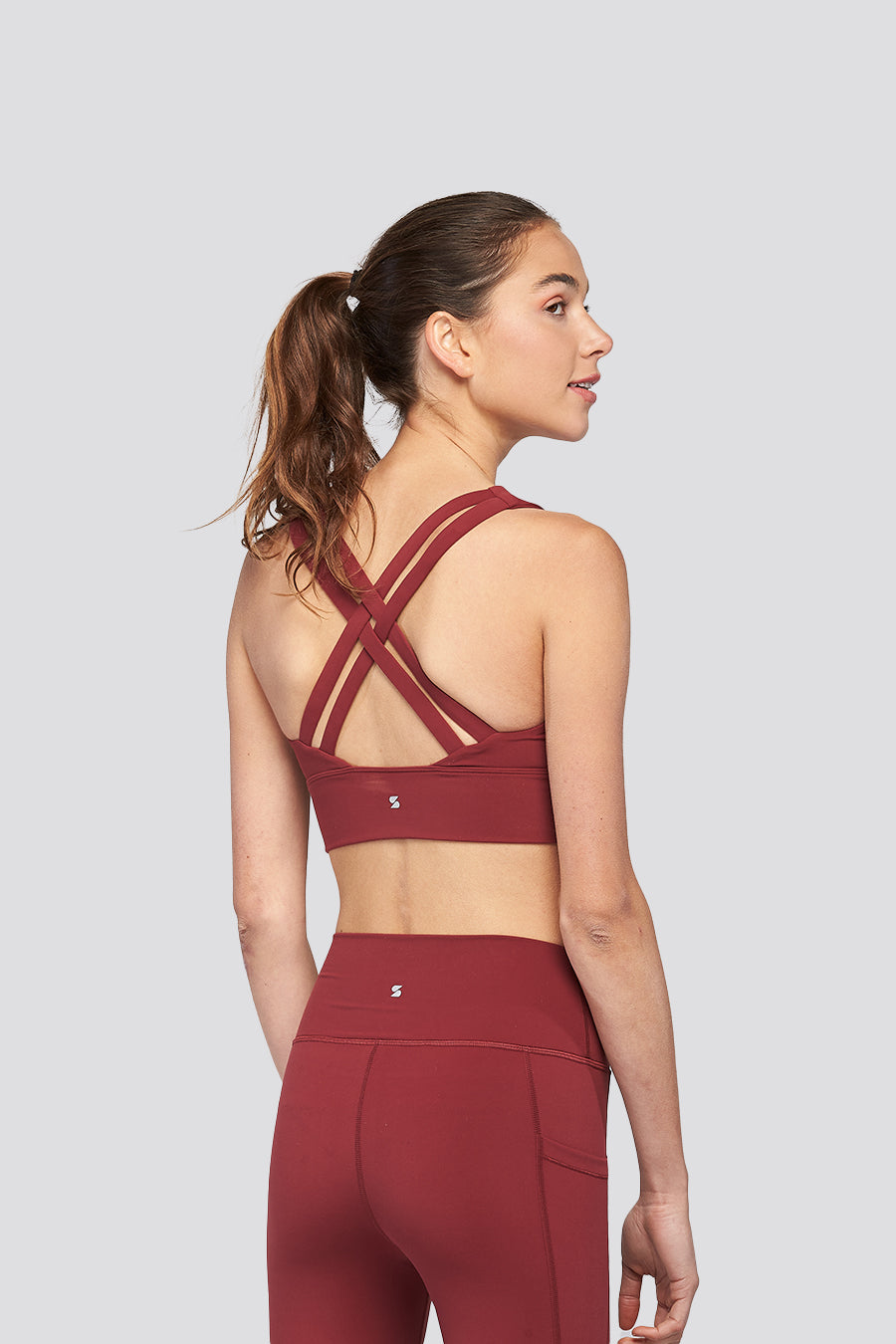 criss cross sports bra Burgundy side