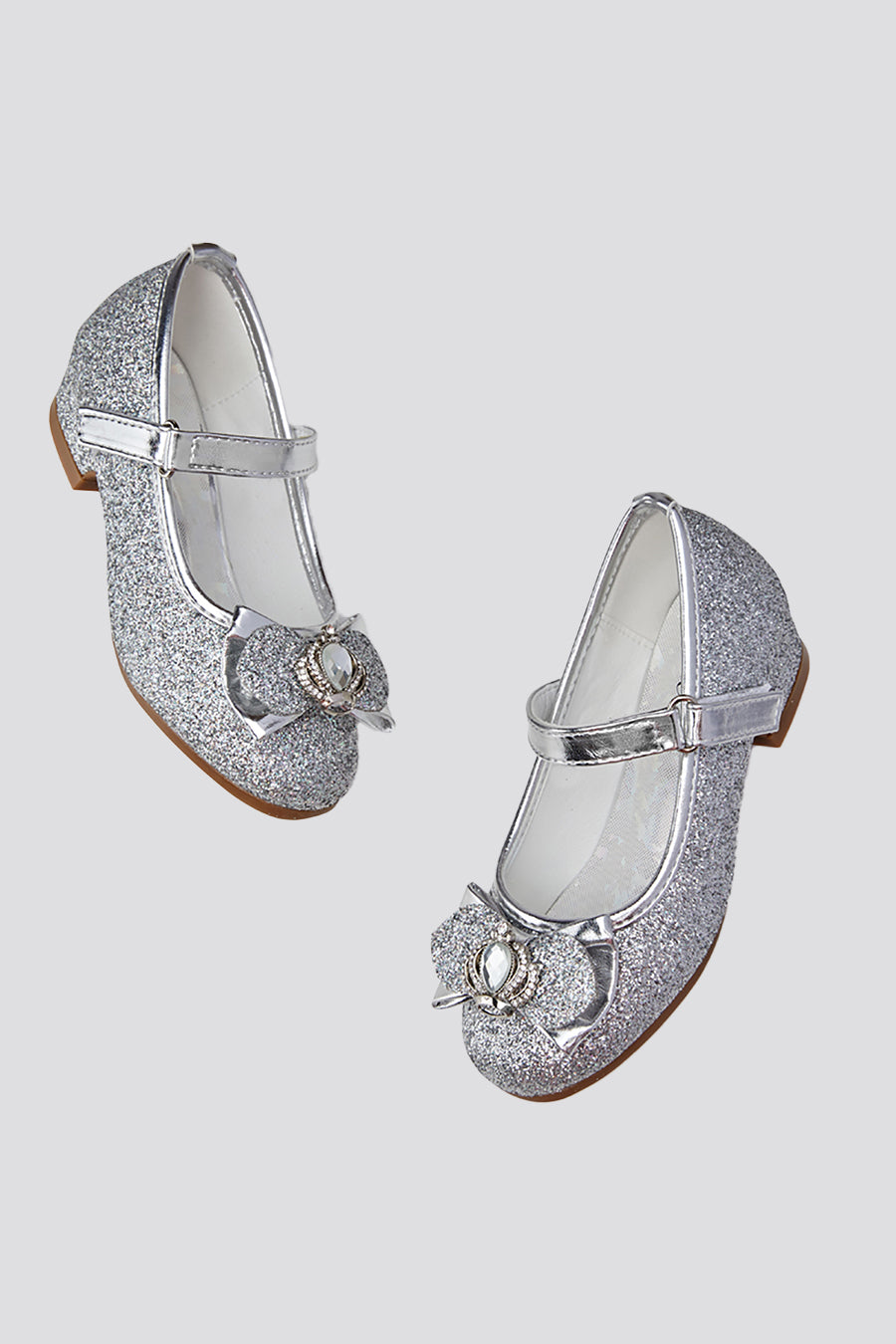 Glitter Mary Jane Shoes with Bow silver front