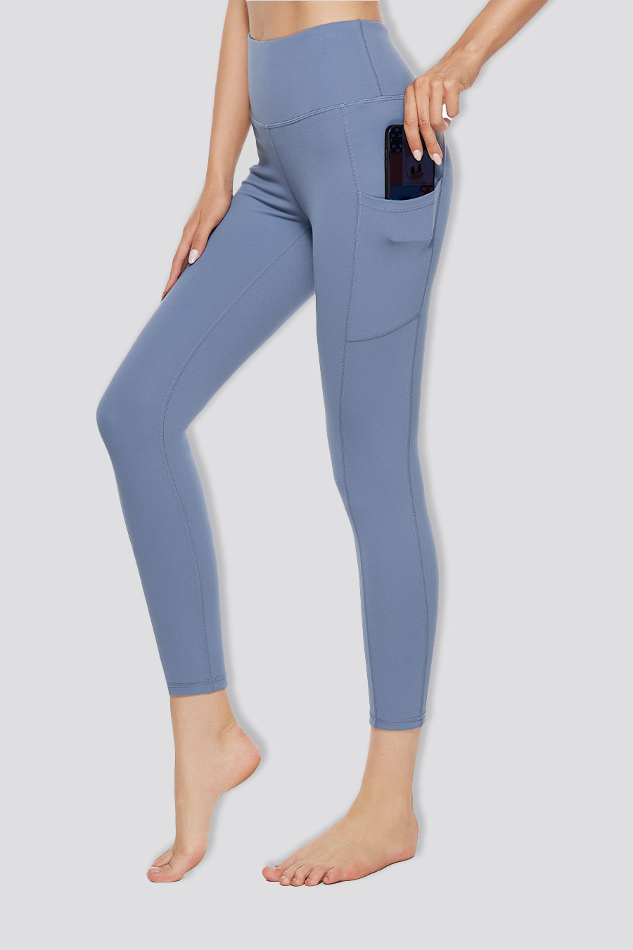 high waisted yoga leggings Gray Blue side view