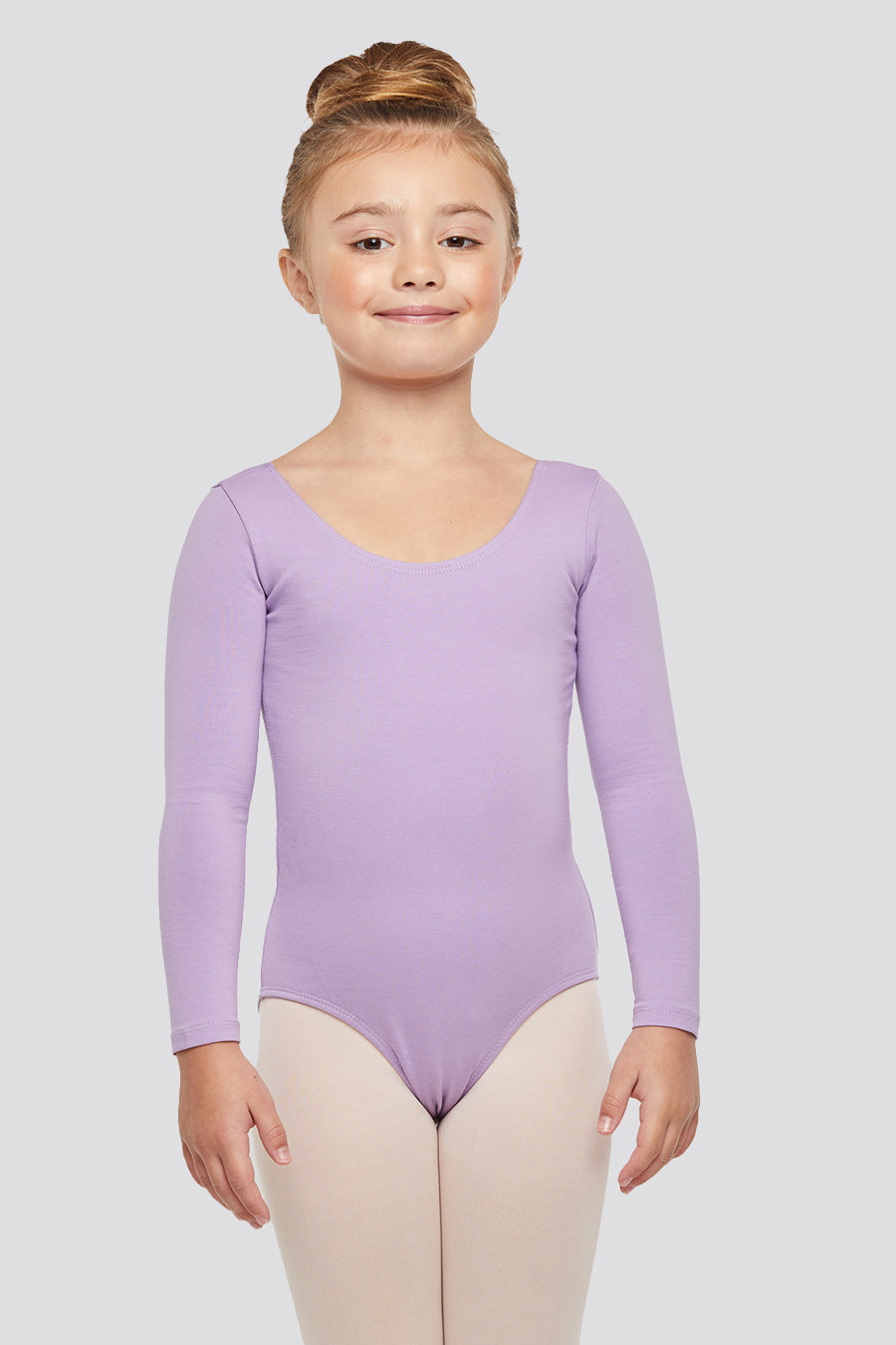 Purple long sleeve dance leotard front view