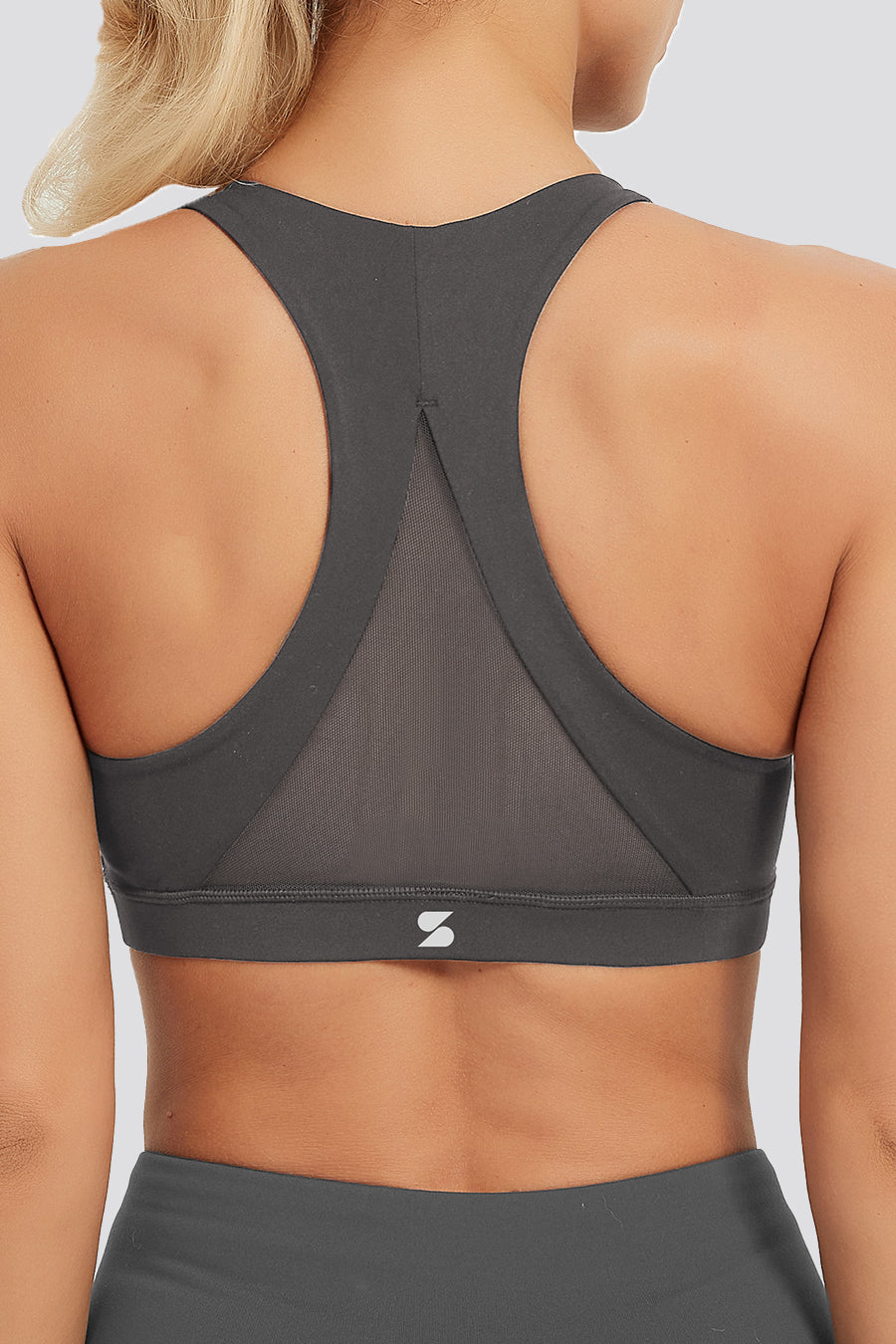 racerback sports bra Charcoal back view